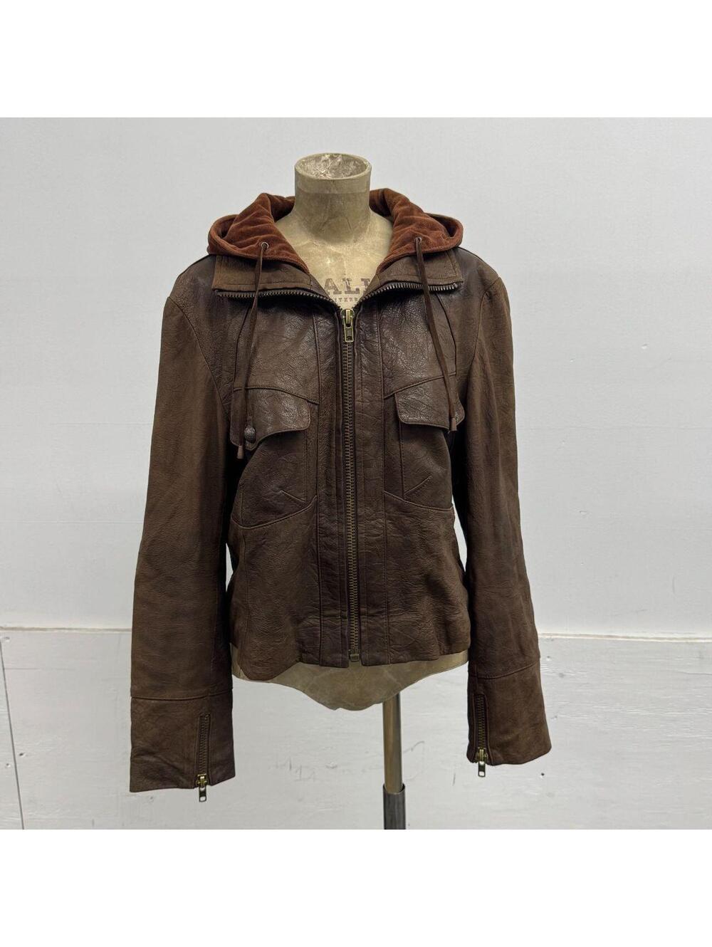 Vintage Brown Layered Hooded Y2K Leather Jacket